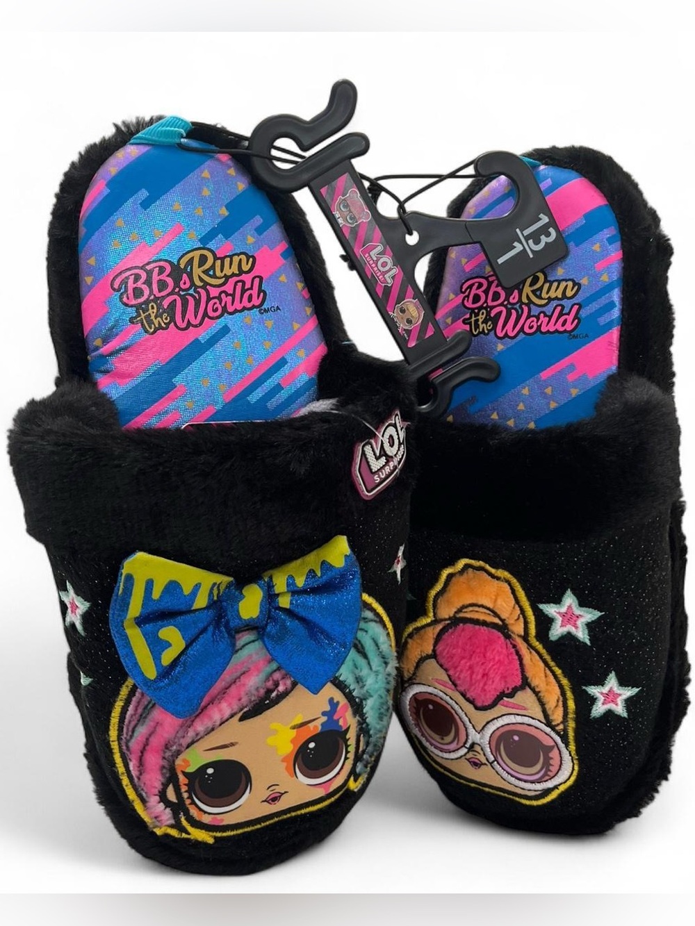 13C 1Y Girls Slippers L.O.L Surprise Black Multicolor 3D Bow Sparkly Cozy NWT